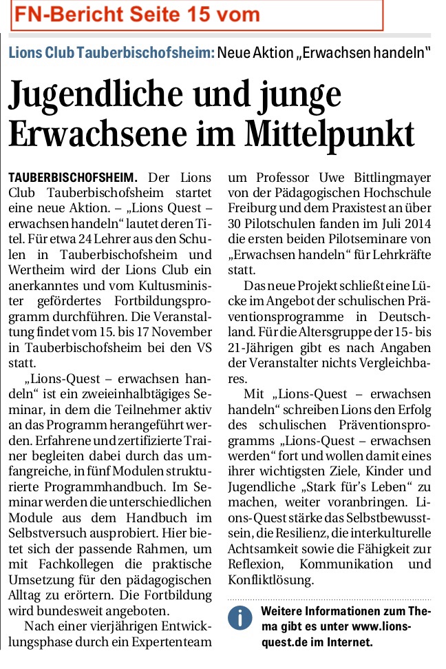 Lions Quest - Erwachsen handeln beim Lions Club Tauberbischofsheim. FN-Bericht vom 17.10.2018 auf Seite 15